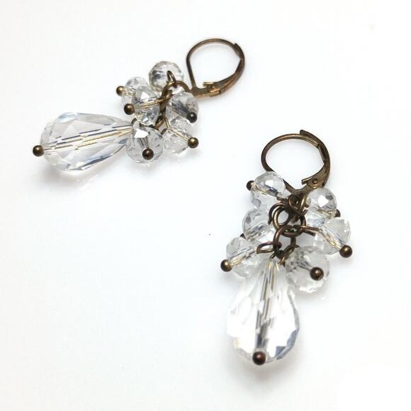 Vintage Clear Crystal Beaded Cluster Lever-back Earrings, 1 3/4 Inches - Picture 2 of 5